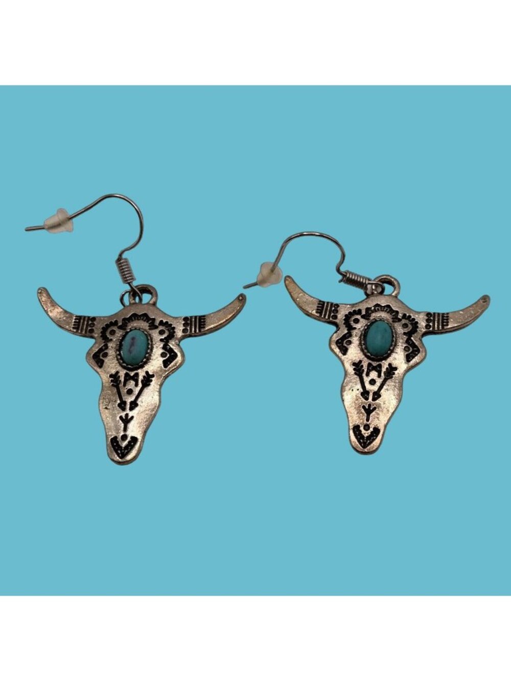 Longhorn Bull Skull Earrings Silver Turquoise Stone Boho Western Southwest